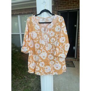 KRAZY KAT 3/4 Sleeve V-Neck Tunic Top Orange White Floral Embroidery Sequins XL
